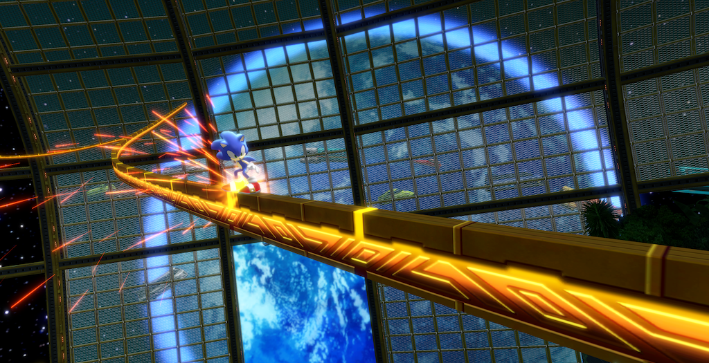 Sonic grinds down a rail in a snapshot for Sonic Colors Ultimate.